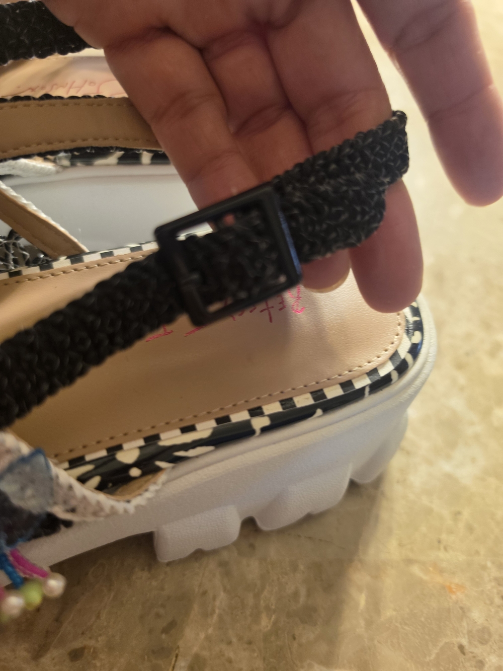 Betsey Johnson Black & White Crochet Platform Sandals with Colorful Bead Accents - Picture 7 of 8